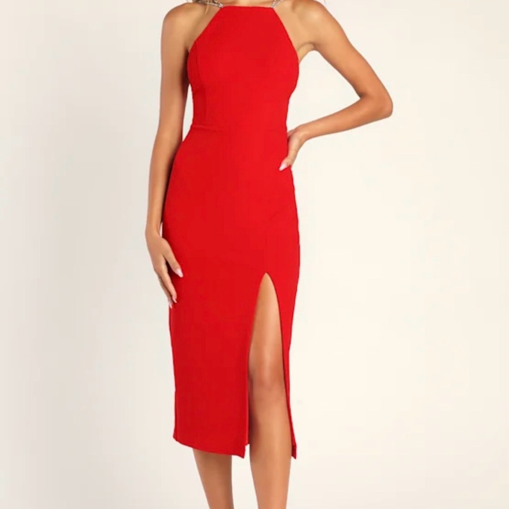 Lulu's Alluring Admiration Red Rhinestone Bodycon Vibrant Red Midi Dress